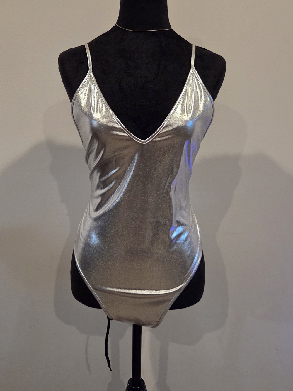 Silver Metallic V-Neck Spaghetti Strap Bodysuit